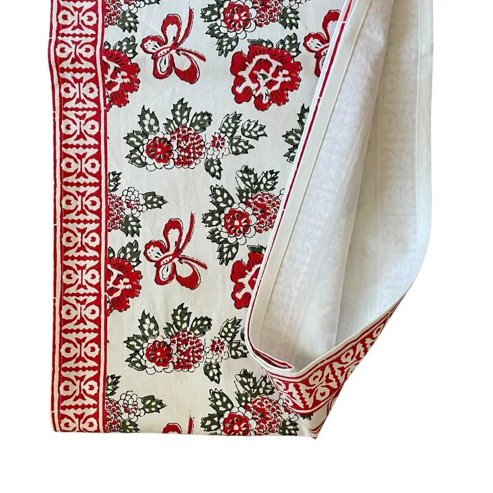 Tiramisu Block Print Cotton Table Runner 14x108 Pink & Red Floral Butterfly NEW